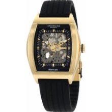 Stuhrling Original 182.33361 Mens Millennia Automatic Stainless Steel Case with Black Skeleton Dial and Yellow Gold Plated on Black Rubber Strap