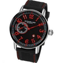 Stuhrling Original 229A2.331664 Mens Round Watch on a Black Rubber Strap Stainless Steel Case Black Bezel and Black Dial Red Numbers