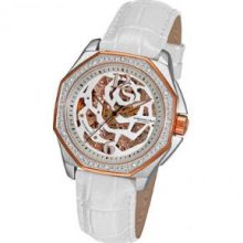 Stuhrling Original 231S.1115P2 Ladies Hexagon Watch Stainless Steel Case with Rosetone Bezel Silver Skeletonized Dial and White Leather Strap