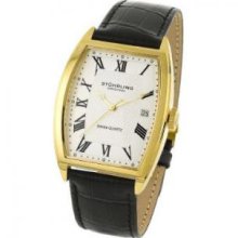 Stuhrling Original 241.33352 Mens Park Avenue Swiss Quartz Gold Tone Case with Silver Dial on Black Leather Strap