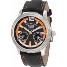 Stuhrling Original 275.331557 Mens Large Big Date Automatic andamp;#44;Stainless Steel Case with Black and Orange Dial and Black Genuine Leather Strap