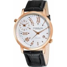 Stuhrling Original 343.33452 Mens Classic Polaris Swiss Quartz and Dual Time Zone Rosegold Silvertone Dial and Black Strap Watch