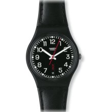 Swatch Unisex Red Sunday Black Dial And Leather Strap Watch