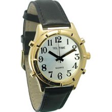 Tel Time Gold Colored Talking Watch Chrome Dial with Leather Band