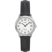 Timex Ladies Calendar Date Watch with Round Silvertone Case and Black Leather Band