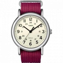 Timex Ladies Watch T2n652pf With Cream Dial And Berry Nylon Strap
