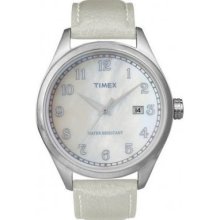 Timex Originals Unisex T Series Pearl Dial Leather Strap Silver Watch T2n409