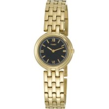 Timex Womens Black Dial Roman Numerals Gold Tone Dress Stainless Steel Watch