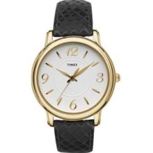 Timex Women's T2N619 White Dial Gold Tone Stainless Steel Case Black Leather Watch