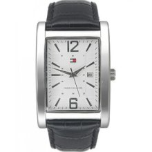 Tommy Hilfiger Men's 1710277 White Date Dial Black Leather Strap Quartz Watch