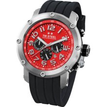TW Steel Men's Stainless Steel Case Quartz Chronograph Red Dial Black Rubber Strap Date Display TW124