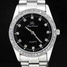 Unisex Black Steel Diamond Seed Crystal Quartz Watch Black Dial Dress