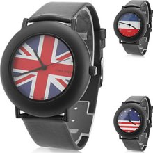 Unisex Leather Analog Quartz Watch Wrist 0687f (Black)