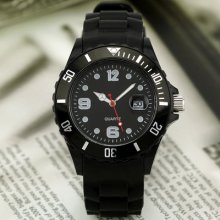 Unisex Soft Silicone 2012 Cool Fahion Quartz Wrist Watch Time Date-black Band