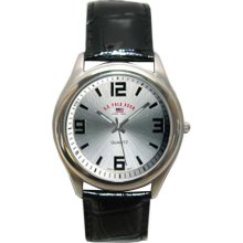 US Polo Assn. Mens Watch with Round Silver Sunray Dial and Black Croco Leather Band