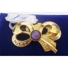 Vintage 1980s Czech Bohemia Gold Purple Stone Bow Brooch