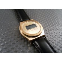 Vintage Retro 1980s Texas Instruments LCD Quartz Goldtone Working Watch, New Blk Leather Band, Time & Date Function Model TI3H