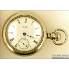 Waltham 18S 15J LS HCM Wm. Ellery vintage pocket watch, heavy silver-toned screw back & bezel case, locomotive engraving