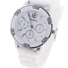 Watch Silicone Quartz Ladies Women Wrist Gift Jelly Rubber White Rhinestone Deco