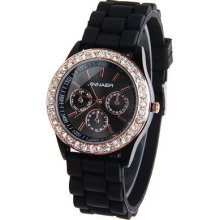 Watch Silicone Quartz Ladies Women Men Jelly Rubber Wrist Black Rhinestone Deco