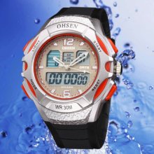 Waterproof Mens Boy Ohsen Sport Dual Time Digital Lcd Stopwatch Rubber Watch