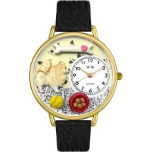Whimsical Watches Unisex Pomeranian Black Skin Leather and Gold Tone Watch