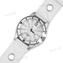 White Faux Leather Band Men Quartz Movement Sport Wristwatch Wrist Watch