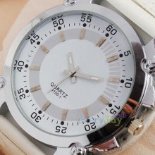 White Leather Band Mens Quartz Style Wristwatch Big Round Dial Classic Tone