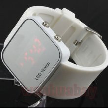 White Silicone Jelly Red Led Watch Mirror Digital Date Lady Girl Men Women L0542