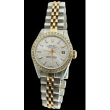 White stick dial diamond bezel ladies rolex date just SS & gold jubilee bracelet