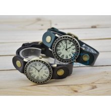 Women Korean Fashion Denim Punk Style Faux Leather Antique Carved Wrist Watch