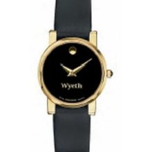 Women`s Movado Gold Finish Watch W/ Black Museum Dial & Calfskin Strap