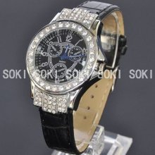 Womens Black Analog Crystal Quartz Lady Wrist Leather Strap Gift Watch W40