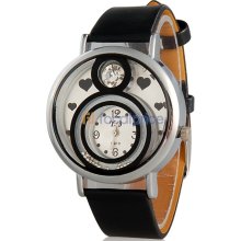 Women's Crystal & Circle Detail Analog Watch with Faux Leather Strap (Black)