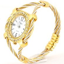 Women's Golden Wrist Quartz Watch with Diamond Decoration - Gold - Adjustable - Metal