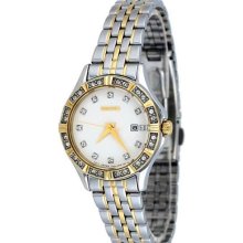 Women's Two Tone Stainless Steel Case and Bracelet White Dial Crystals Date Disp