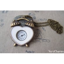 1 PC of Antique Bronze Heart Shaped Alarm Clock Pocket Watch Necklace CHAIN INCLUDED 43x57mm A4613