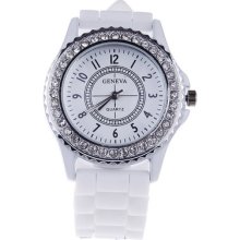 1pc White Lady Man Analog Casual Rhinestone Silicone Jelly Rubber Wrist Watch