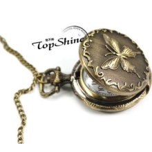 1pcs Medium Size Butterfly Pattern Clamshell Retro Pocket Watch Necklace