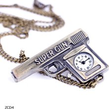 1x Retro Vintage Unisex Gun Quartz Pocket Watch Chain Pendant Necklace Zcd4