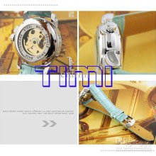 2012 Hotsale Blue Mechanical Leather Watch Women Gold Skull Lady New