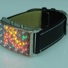 28-LED 3-Color-Light Leather Band Mens Fashion Wrist Watch