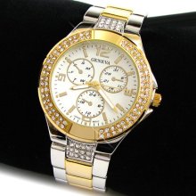 2tone Bracelet Geneva 3d Designer Style Crystal Bezel Oversized Women's Watch