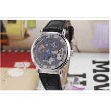 4 Color Skeleton Pu Leather Band Mens Wind Up Mechanical Wrist Watch Gift