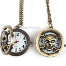 6x 403079 Antique Bronze Skull Folding Pocket Watch Long 82cm Chain Necklace