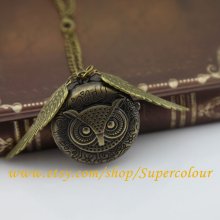 a harry potter enchanted owl with double Sided Brass Wings Pocket Watch locket Necklace