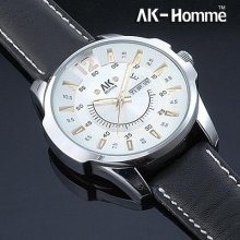 Ak-homme Day&date Silver Dial Black Band Mens Elegant Quartz Wrist Gift Watch