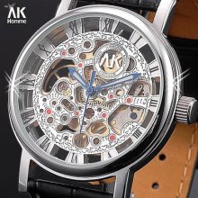 Ak-homme Hands Silver Skeleton Mens Mechanical Watch