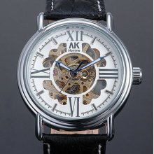 Ak-homme Men Black Leather White Dial Automatic Mechanical Wrist Watch Ak224