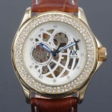 Ak-homme Men Brown Leather Crystal Golden Automatic Mechanical Wrist Watch Ak227